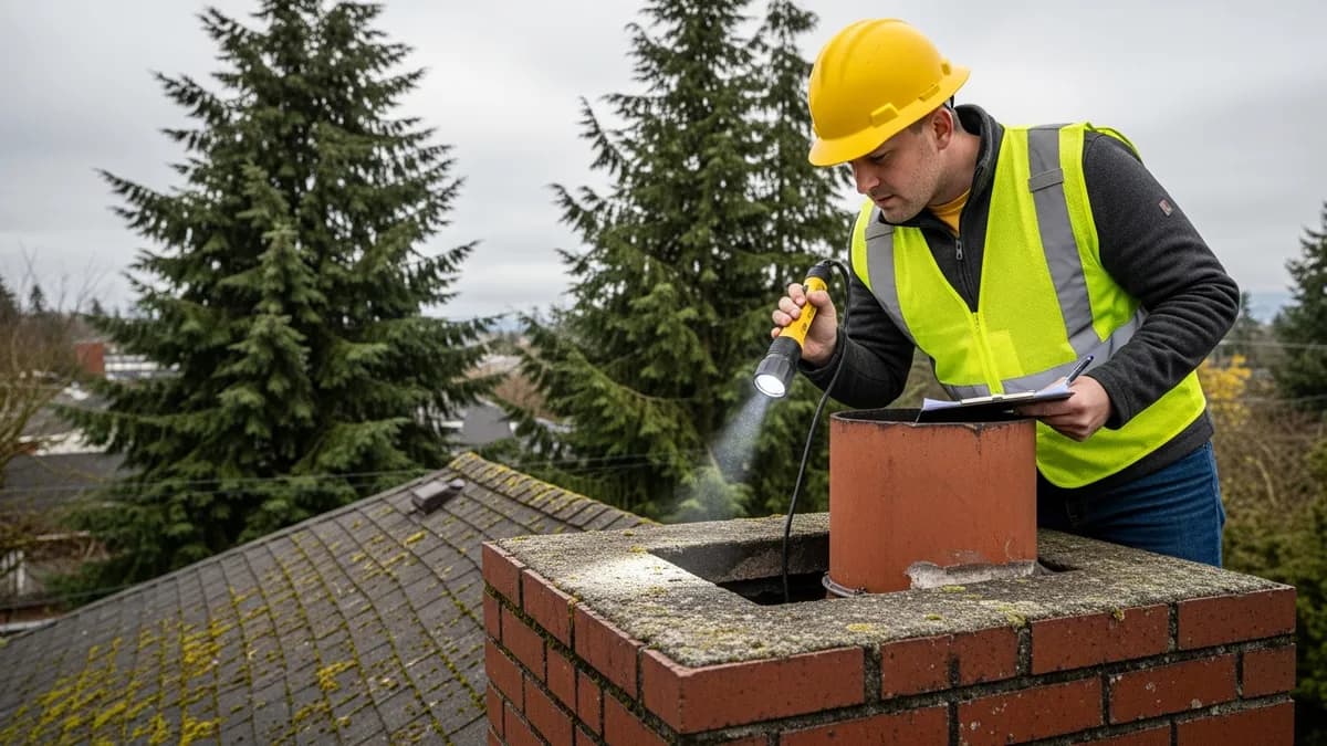 CSIA-certified chimney inspector on rooftop in Seattle examining chimney crown with overcast Pacific Northwest sky