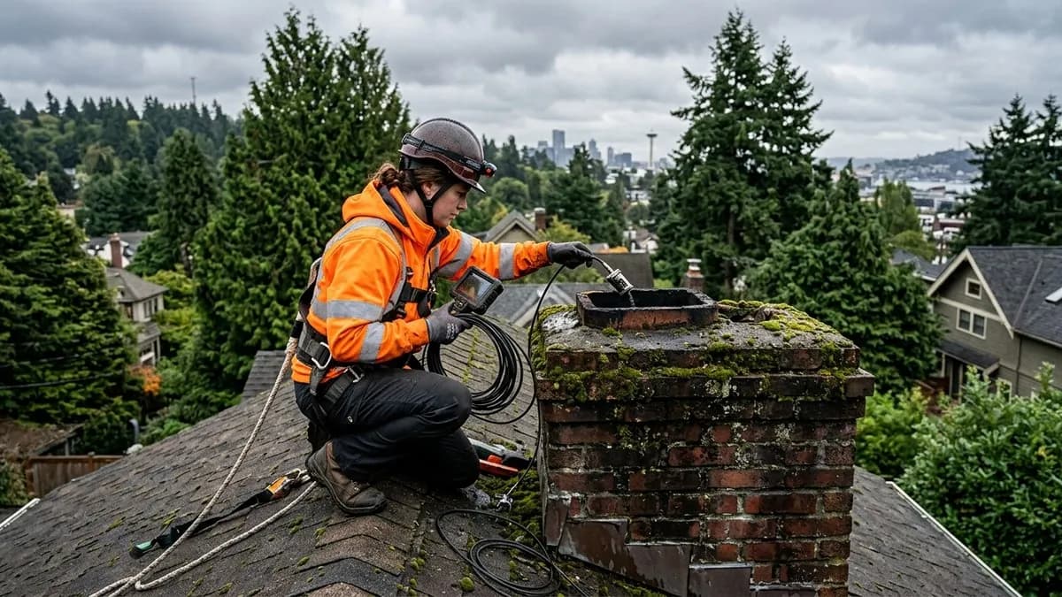 Chimney inspector on a Seattle rooftop performing a Level 2 camera inspection in overcast Pacific Northwest weather