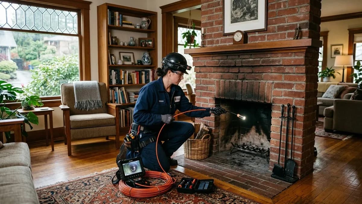 Chimney inspector using a camera scope to inspect a chimney flue in a Seattle home