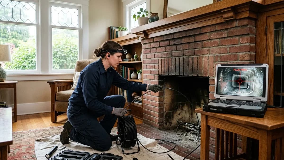 Chimney inspector using camera equipment to inspect flue inside a Seattle home
