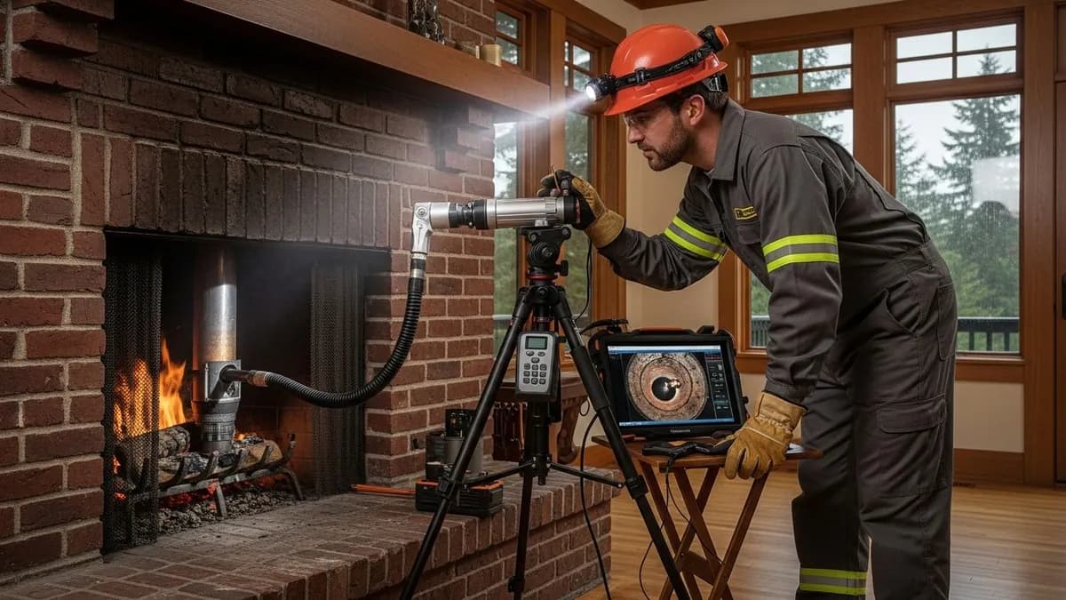 CSIA-certified chimney inspector using a camera system to inspect a Seattle home flue in 2026