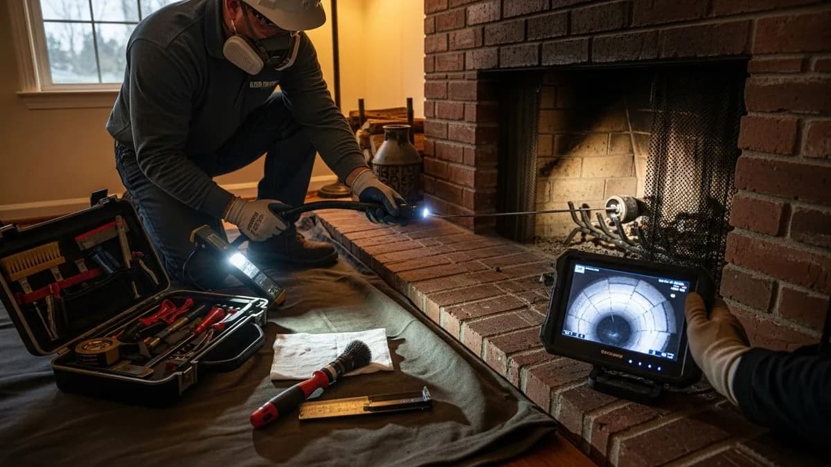 Chimney inspector using a camera scope inside a fireplace flue during a Level 2 inspection in a Seattle home