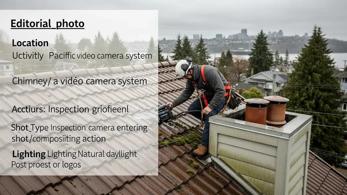 Chimney inspector with camera equipment on Seattle rooftop during overcast day
