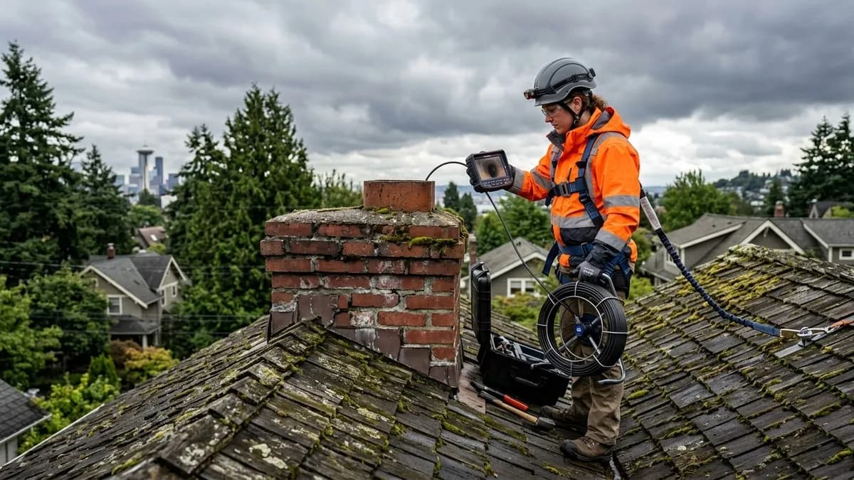 CSIA-certified chimney inspector on Seattle rooftop with camera equipment during overcast day