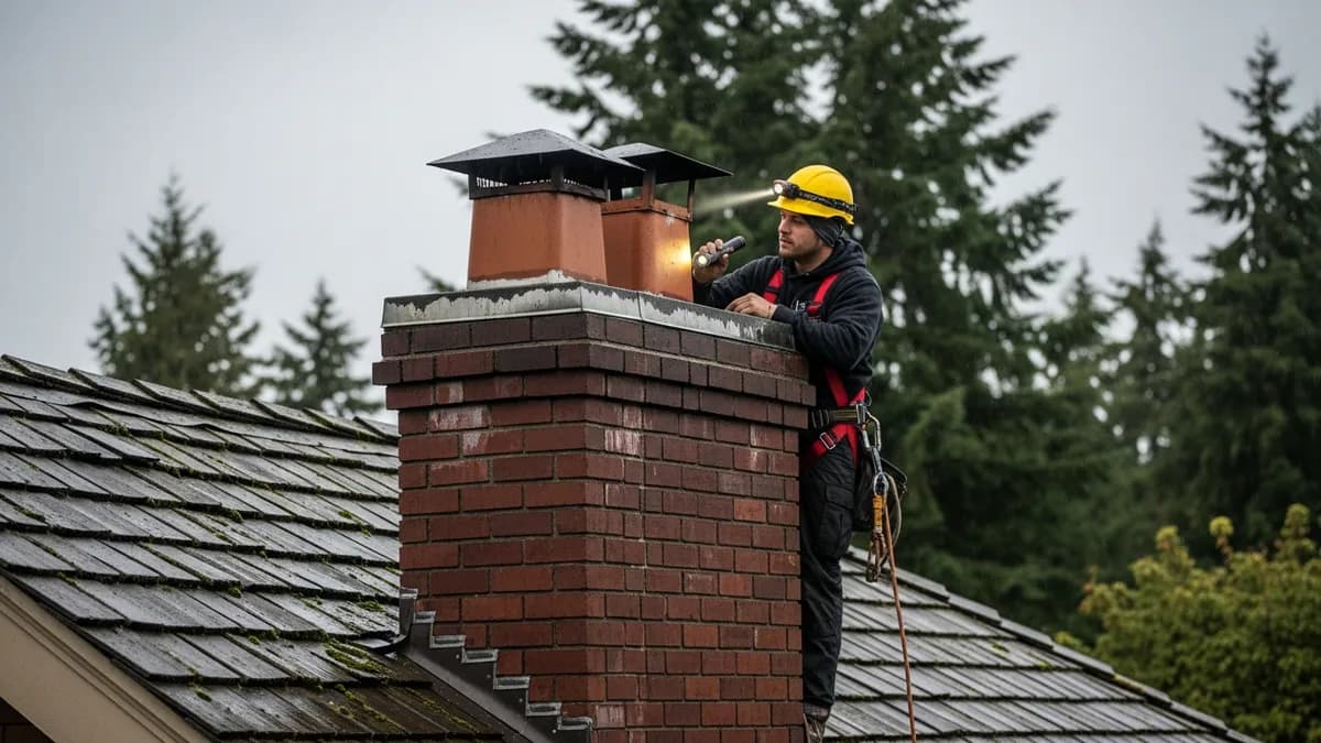 CSIA-certified chimney technician inspecting a brick chimney on a Seattle craftsman home with overcast sky and evergreen trees in the background