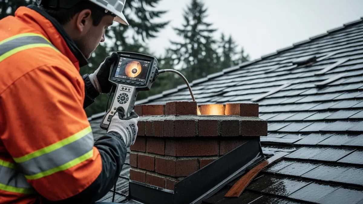 CSIA certified chimney inspector performing a video inspection on a Seattle home chimney in spring