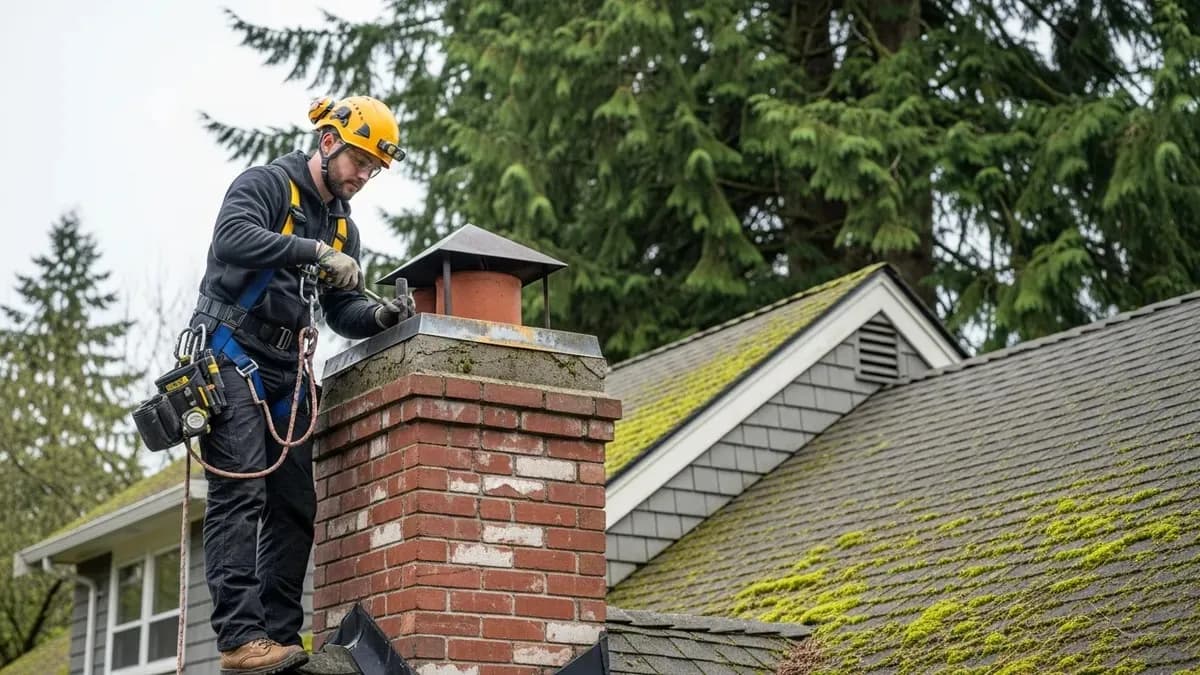 CSIA-certified chimney inspector examining brick chimney exterior on a Seattle home in spring, with green moss-covered roof and overcast Pacific Northwest sky visible