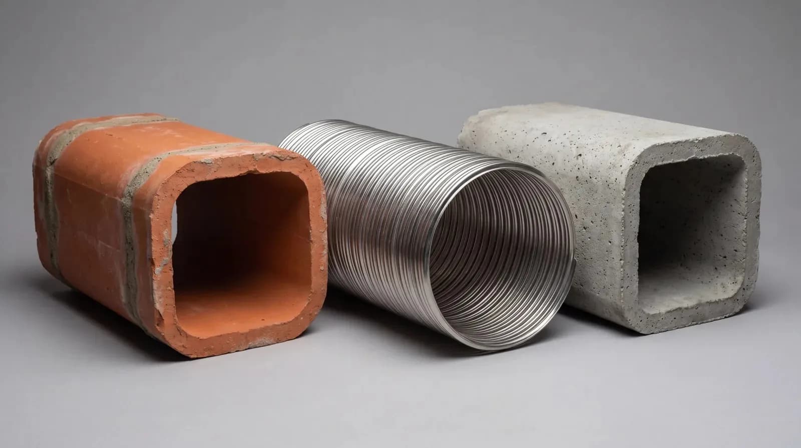 Comparison of three chimney liner types in a Seattle home: clay flue tile, stainless steel flexible liner, and cast-in-place concrete