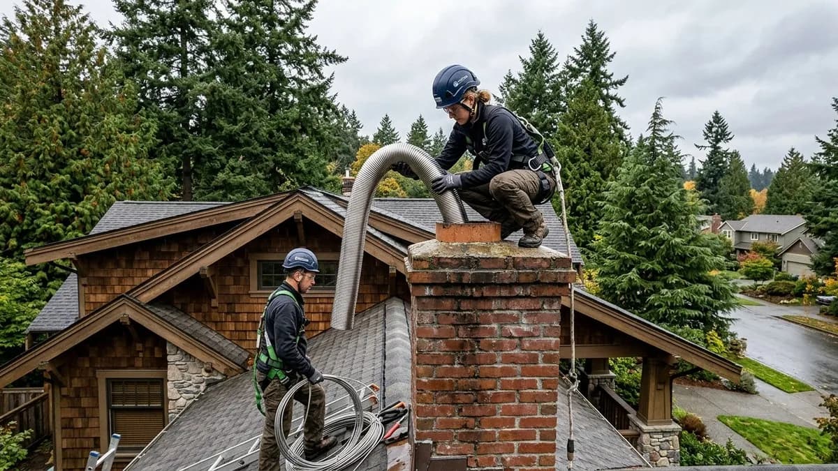 Cross-section view of a stainless steel chimney liner being installed in a Seattle brick chimney