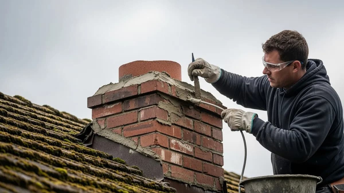 Chimney mason tuckpointing deteriorated mortar joints on a brick chimney in Seattle with a wet overcast sky and evergreen trees in the background