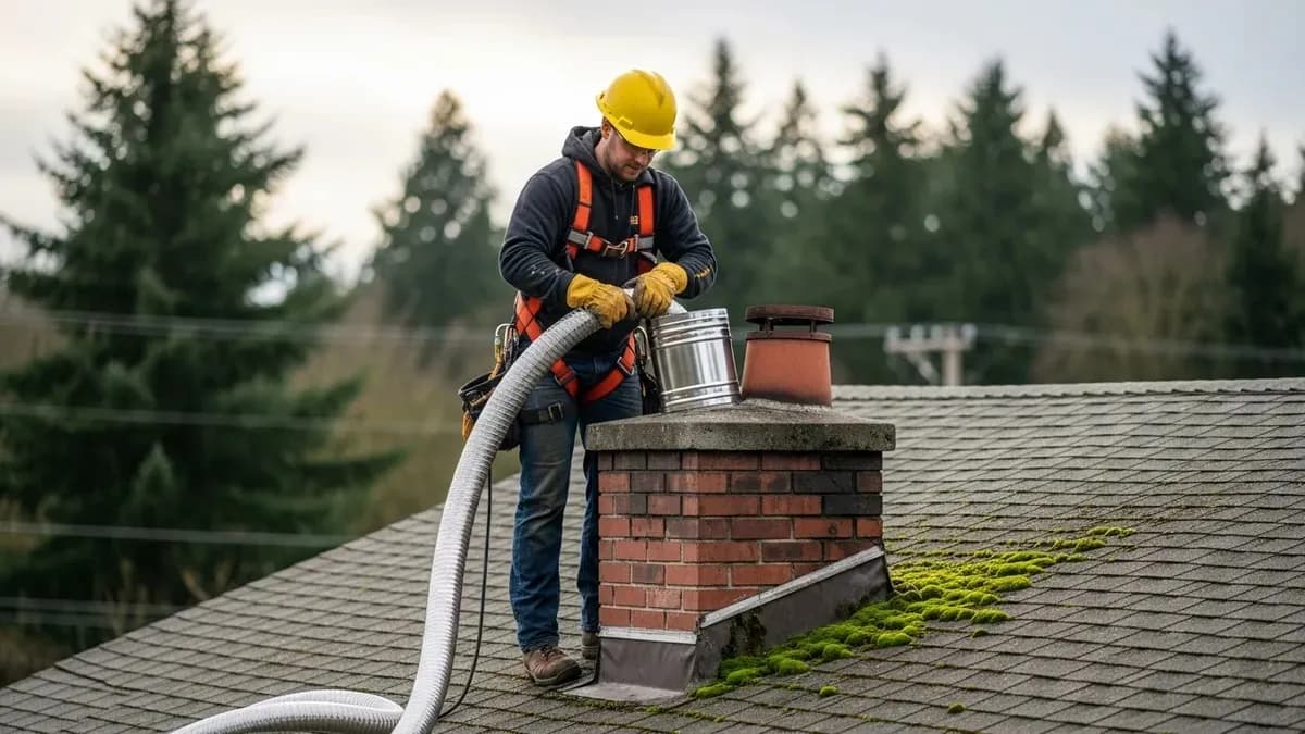 Chimney technician feeding flexible stainless steel liner down brick chimney on Seattle home rooftop, overcast Pacific Northwest sky and evergreen trees visible in background