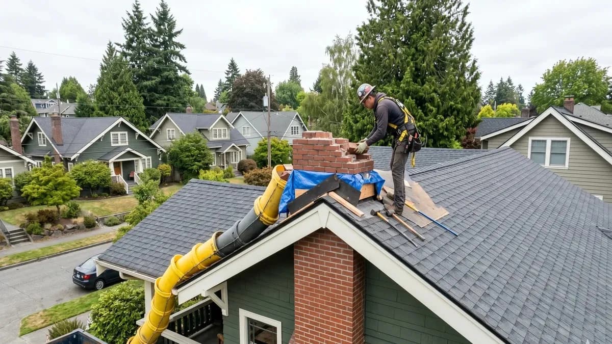 Contractor removing brick chimney above the roofline on a Seattle craftsman home with tarps protecting the cedar shingle roof