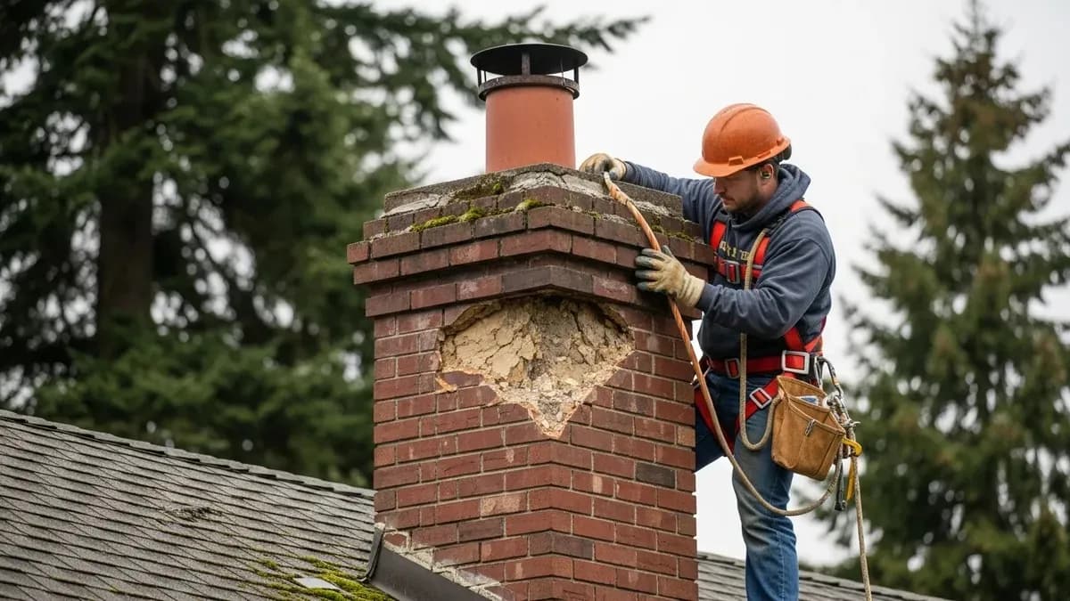 Seattle chimney technician in safety harness inspecting freeze-thaw cracked brick mortar on residential chimney in spring, with evergreen trees and overcast Pacific Northwest sky in background