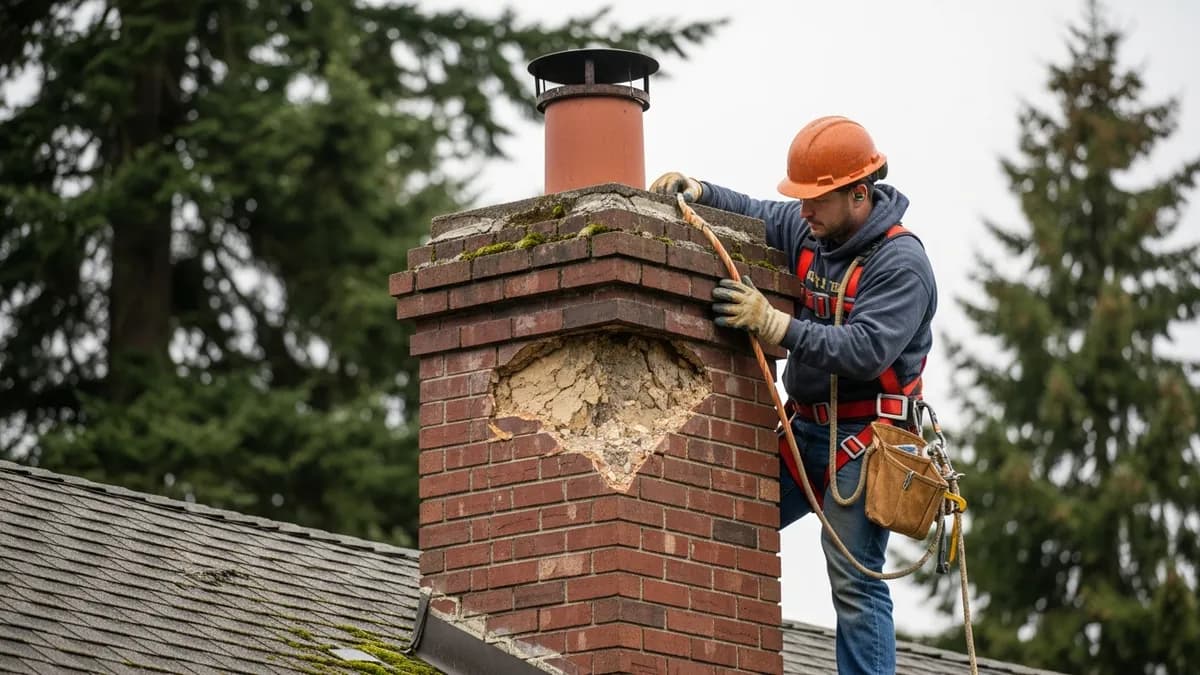 Seattle chimney technician in safety harness inspecting freeze-thaw cracked brick mortar on residential chimney in spring, with evergreen trees and overcast Pacific Northwest sky in background