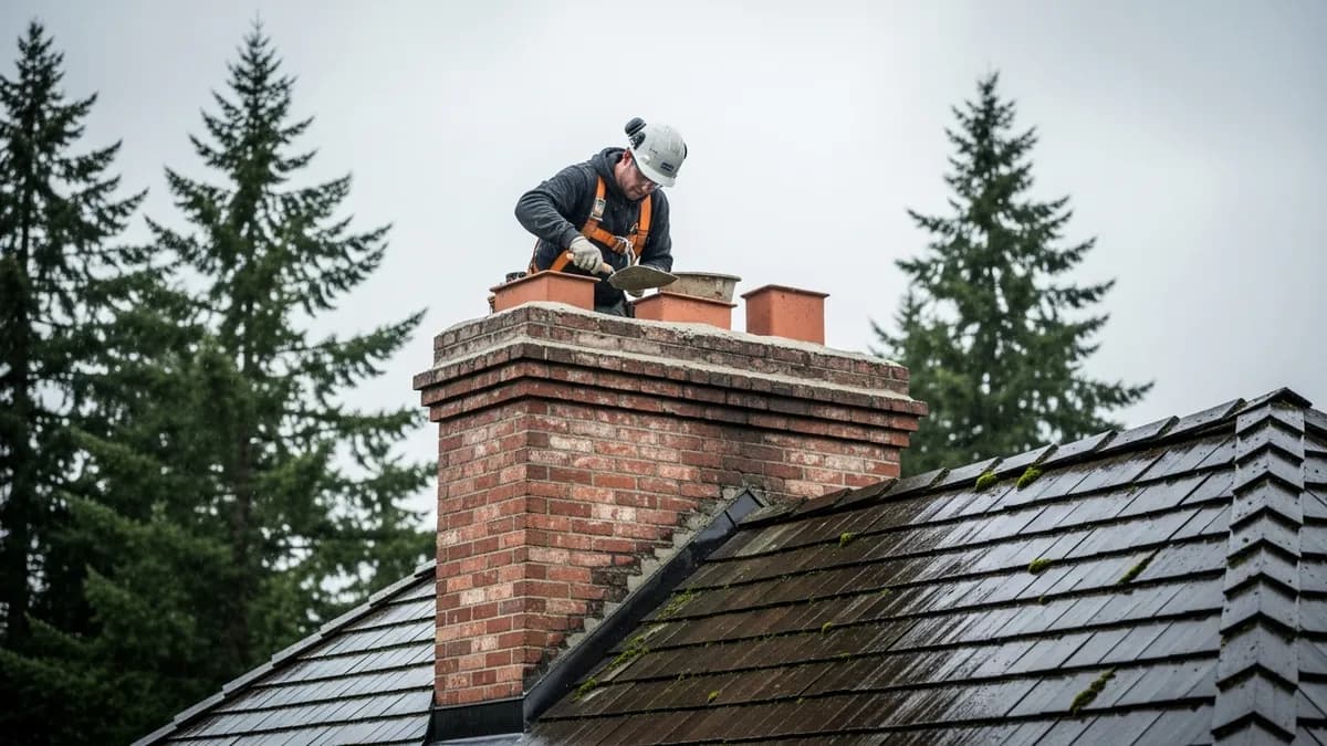 CSIA-certified chimney repair technician repointing mortar joints on a brick chimney in Seattle with safety harness and overcast Pacific Northwest sky