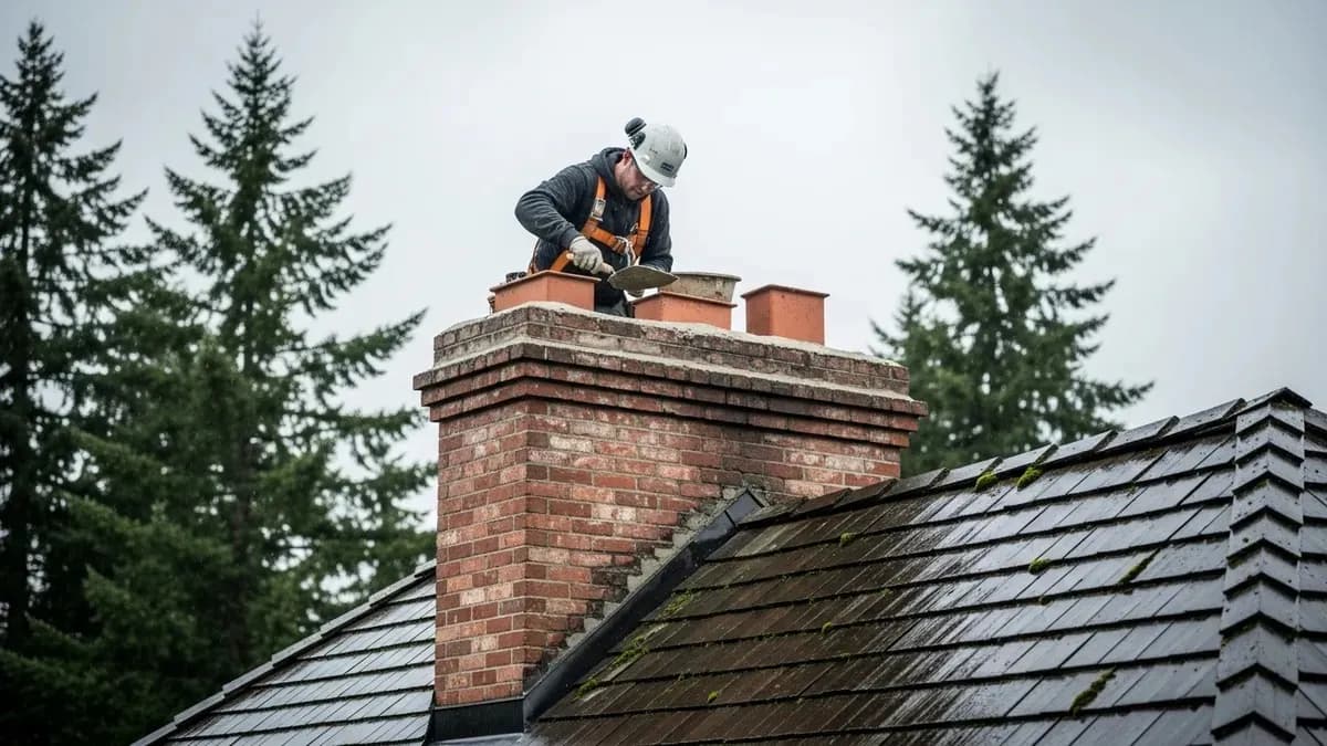 CSIA-certified chimney repair technician repointing mortar joints on a brick chimney in Seattle with safety harness and overcast Pacific Northwest sky