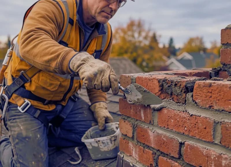Chimney brick repair by a mason in Seattle — mortar joint restoration on a craftsman home