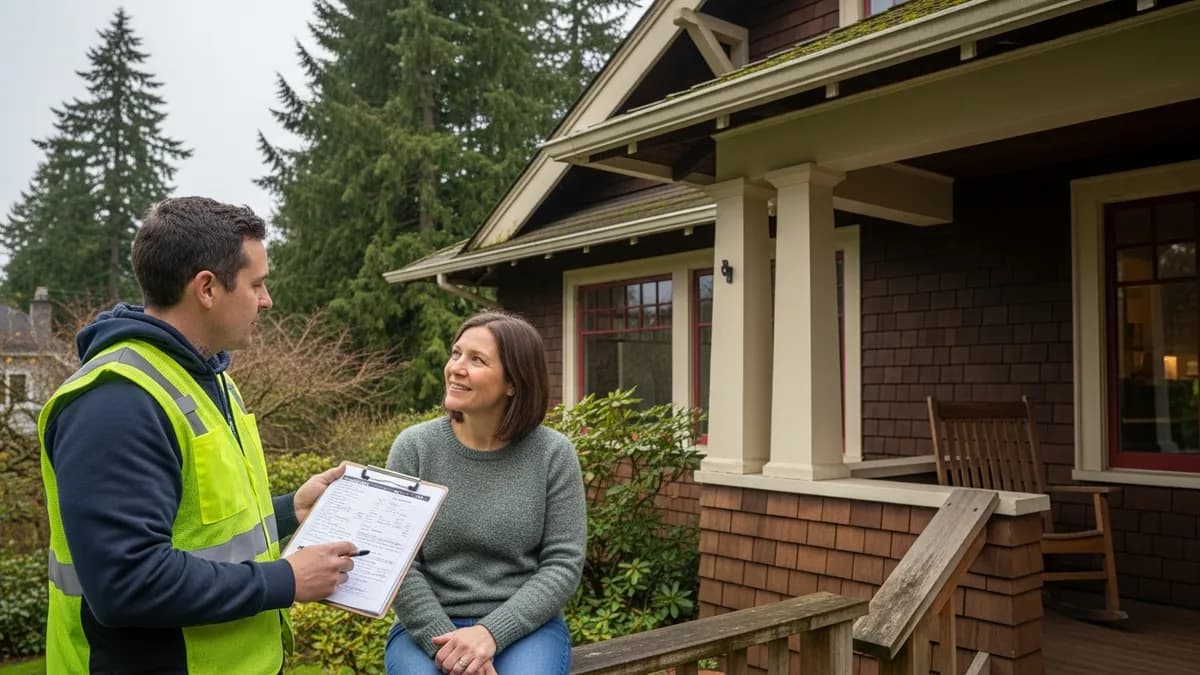 Seattle chimney repair technician reviewing written estimate with homeowner on front porch of Craftsman bungalow, evergreen trees and overcast Pacific Northwest sky in background