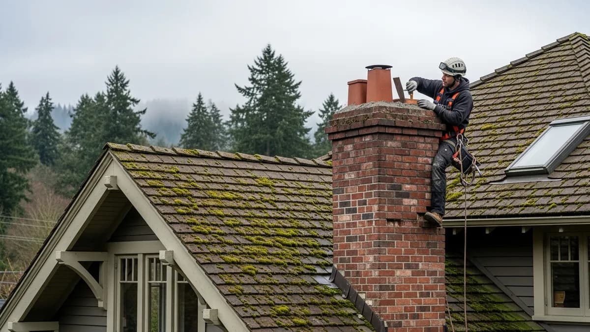 Chimney repair technician working on a brick chimney in Seattle WA with overcast Pacific Northwest sky