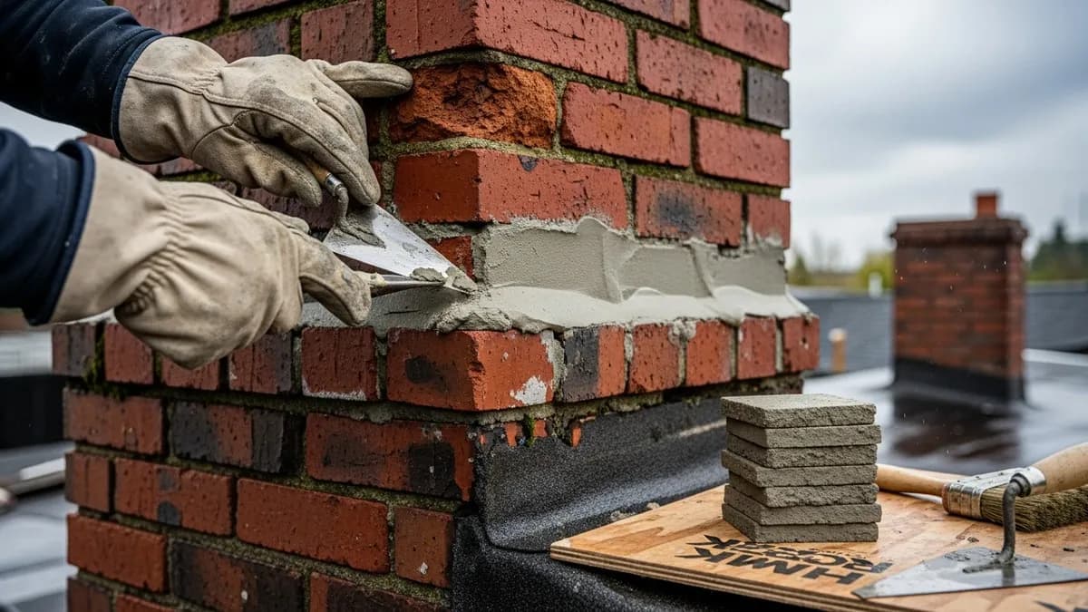Chimney masonry repair technician tuckpointing deteriorated mortar joints on Seattle brick chimney with moss and rain damage visible