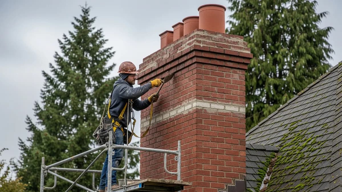 Chimney repair in Seattle WA with a mason tuckpointing brick mortar on a craftsman home under overcast skies