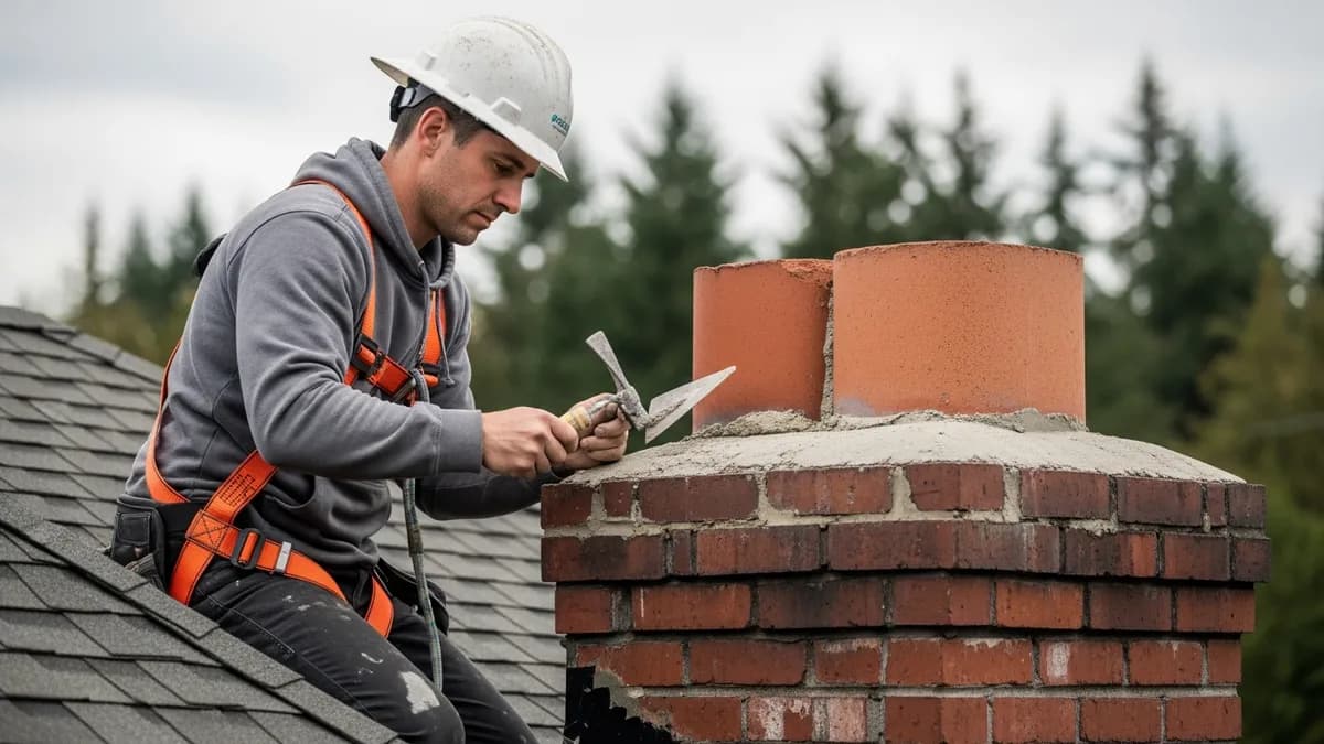 Chimney repair technician working on a brick chimney in Seattle WA with overcast Pacific Northwest sky