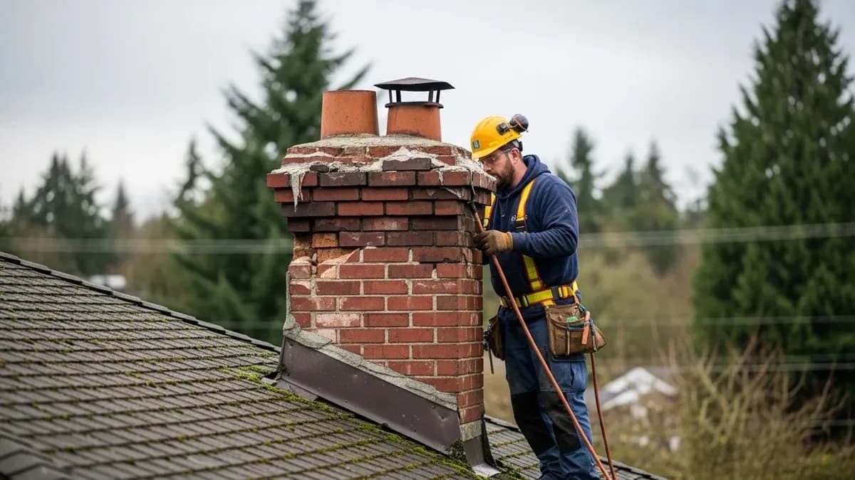 Chimney repair technician inspecting damaged Seattle chimney with overcast Pacific Northwest sky