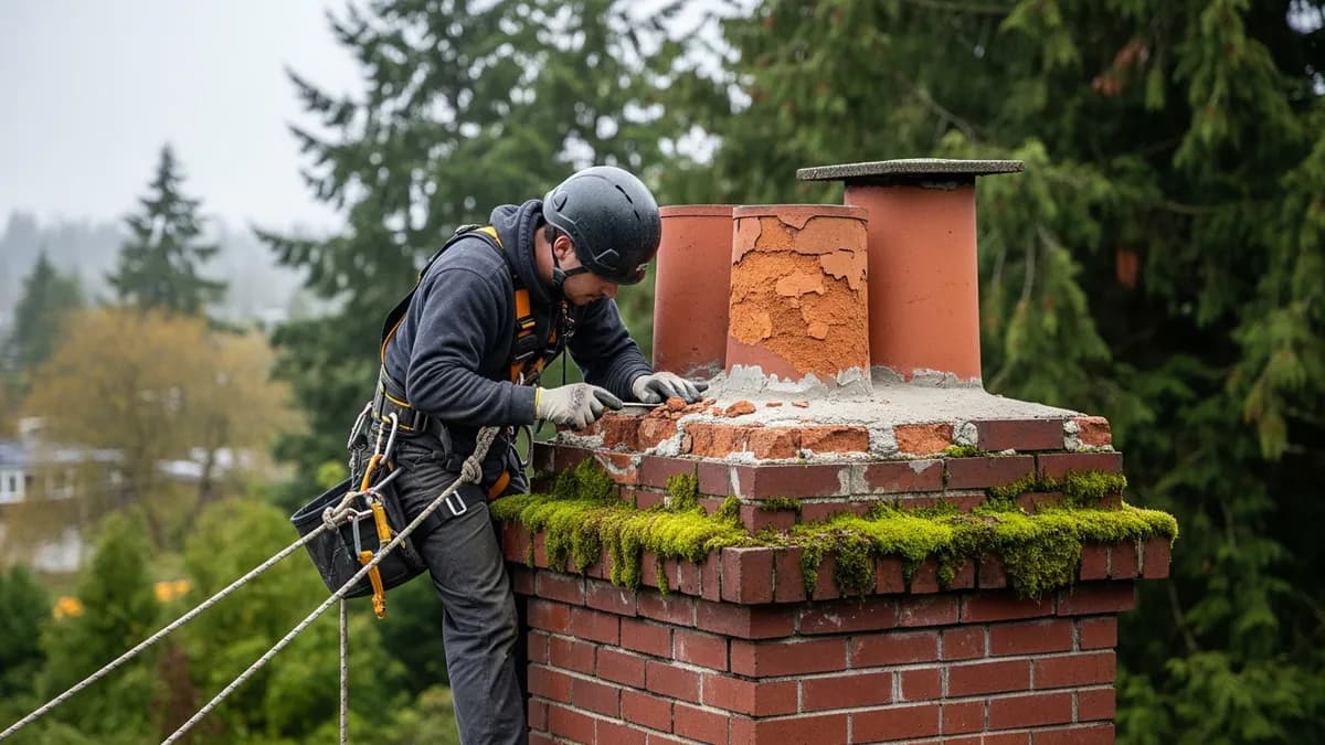 Seattle chimney technician inspecting crumbling brick mortar on a Capitol Hill craftsman home