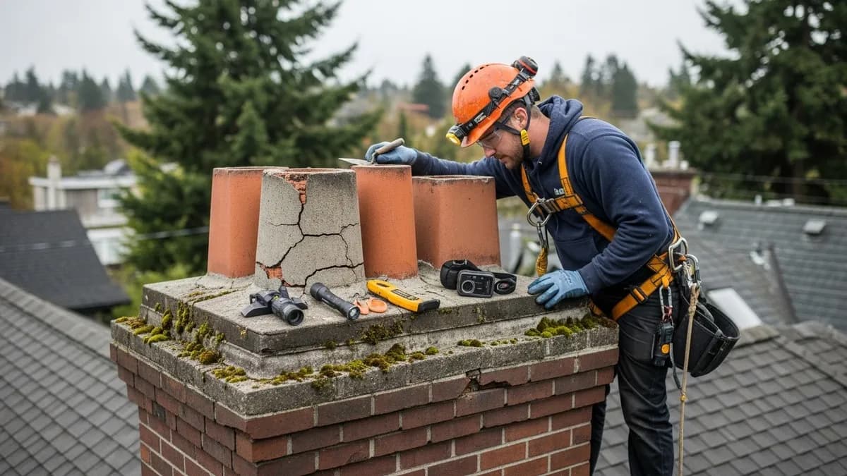 Seattle chimney repair technician inspecting cracked masonry on a Ballard craftsman home with overcast sky and evergreen trees in background