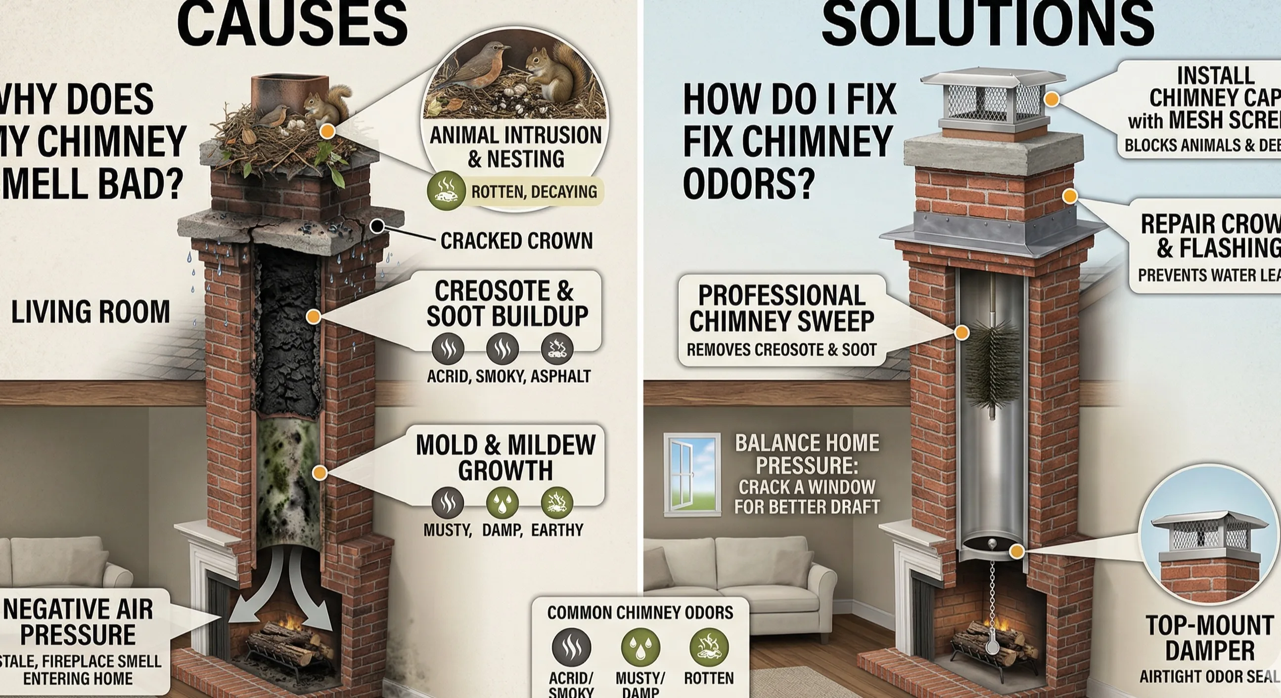 Homeowner detecting a bad smell coming from a fireplace in a Seattle craftsman home