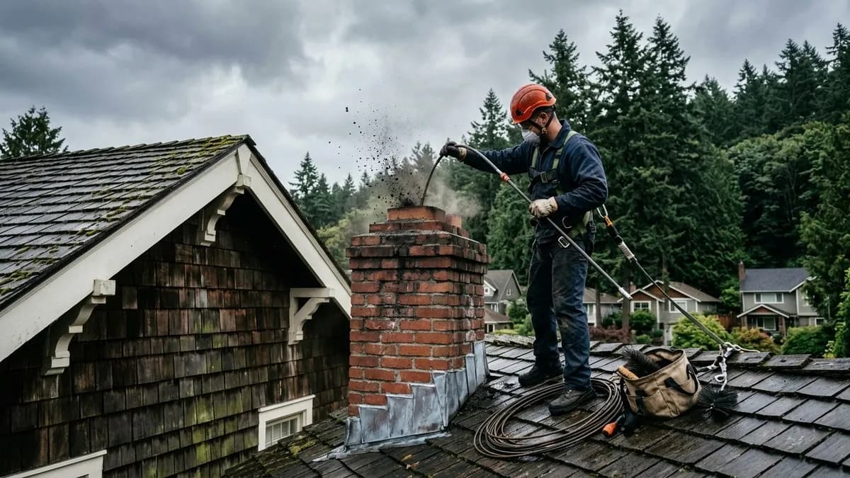 Chimney sweep technician on rooftop in Seattle brushing a brick chimney flue with overcast sky and fir trees visible