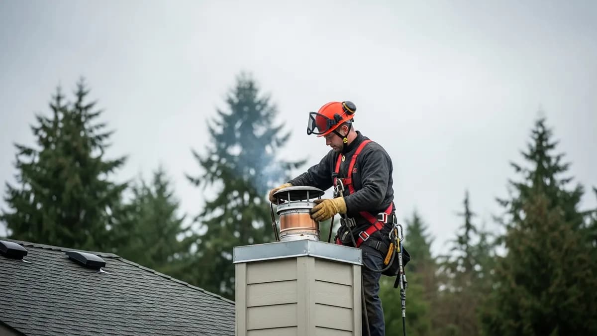 Certified chimney sweep cleaning a fireplace flue in a Seattle craftsman home with professional equipment