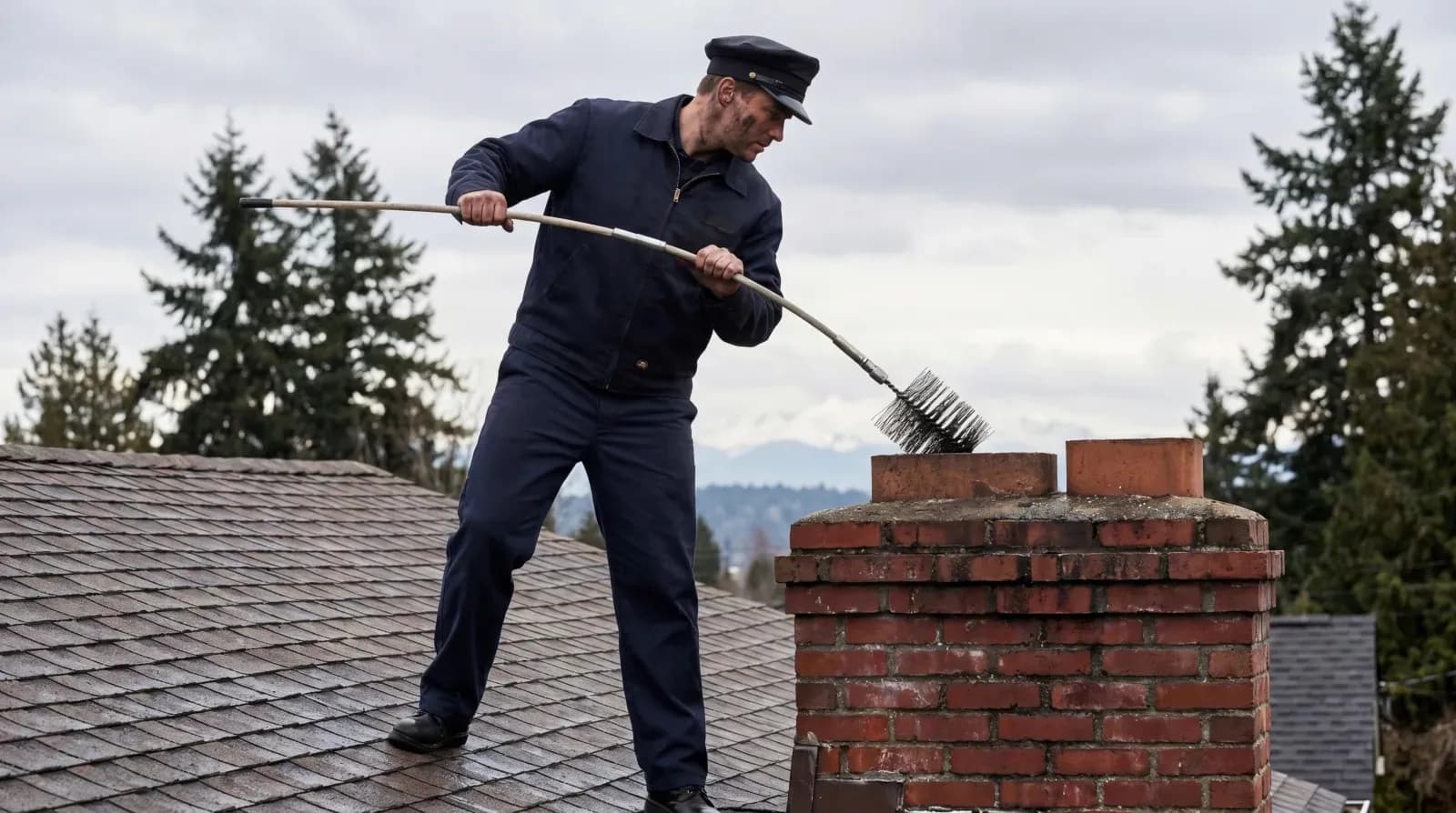 Professional chimney sweep cleaning a red brick chimney on a Seattle Craftsman home in Fremont