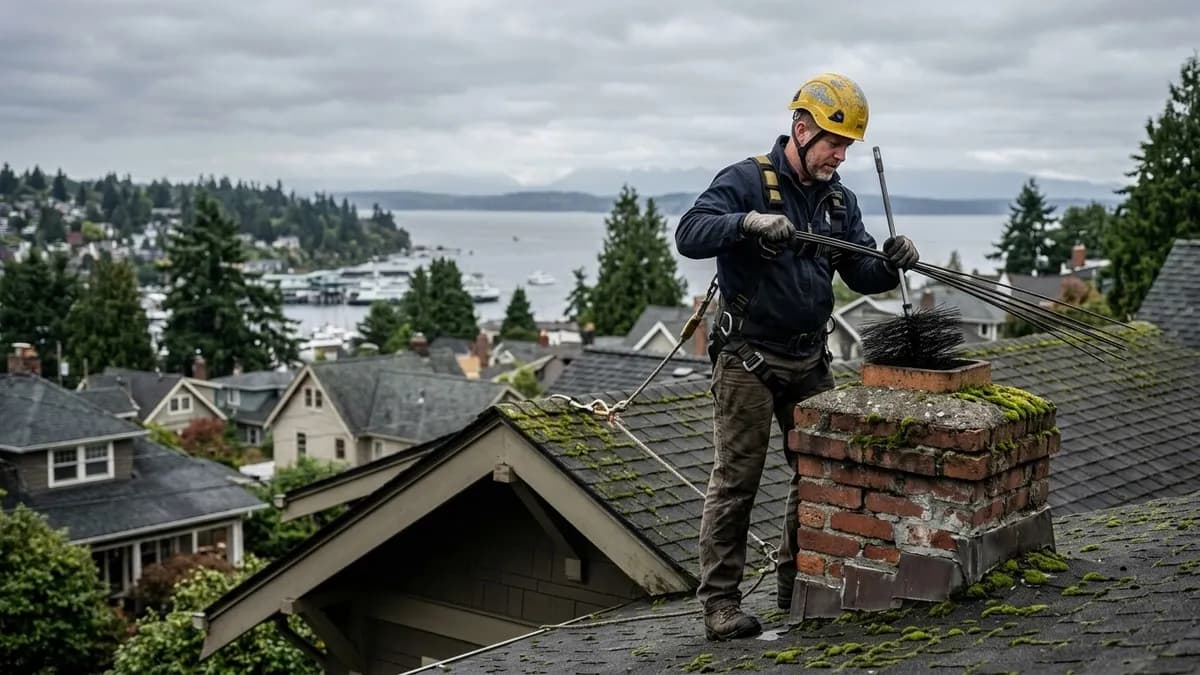 Professional chimney sweep working on a brick chimney in Seattle's Fremont neighborhood with overcast sky and rooftops visible