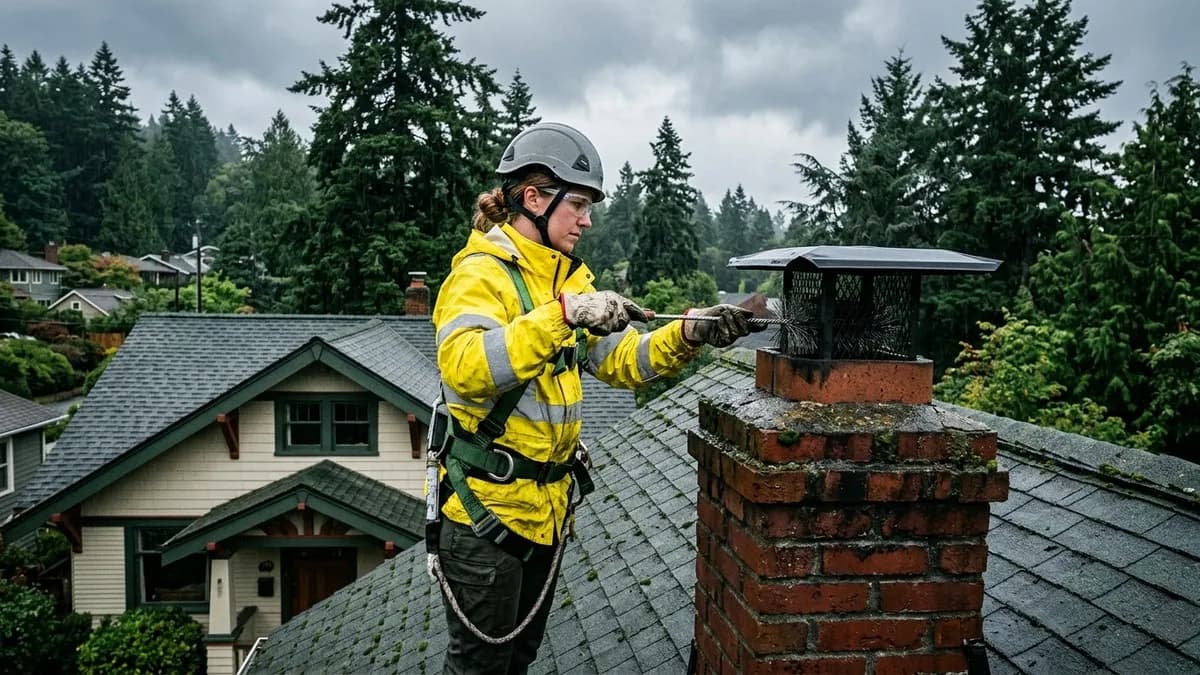 Chimney sweep technician on a Seattle rooftop in overcast weather with evergreen trees in the background