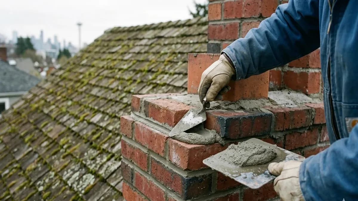 Close-up of a mason tuckpointing deteriorated mortar joints on a brick chimney with the Seattle skyline in the background