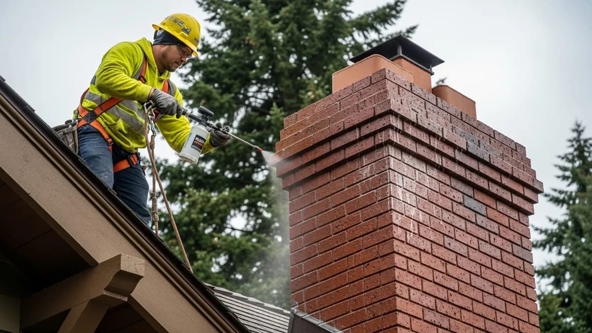 Chimney professional in safety gear applying clear waterproofing sealant to brick chimney on Seattle craftsman home with overcast Pacific Northwest sky and evergreen trees in background