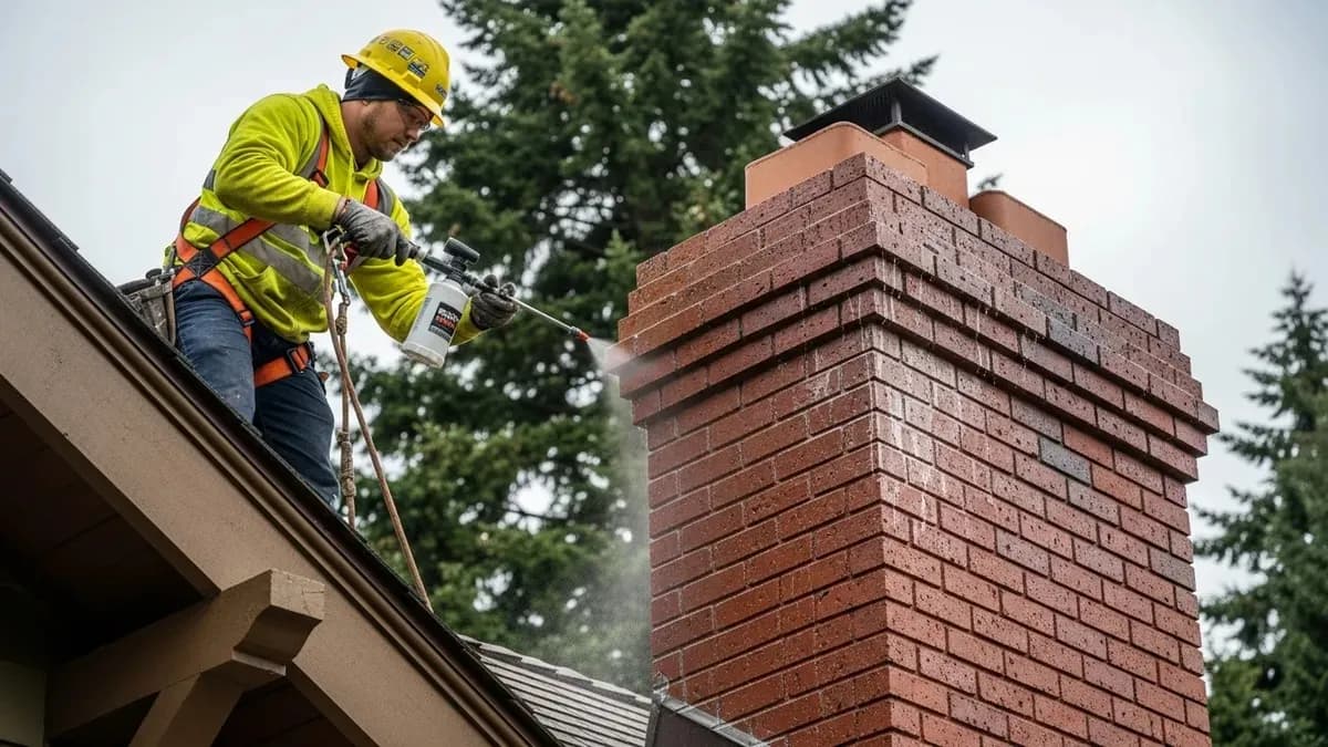 Chimney professional in safety gear applying clear waterproofing sealant to brick chimney on Seattle craftsman home with overcast Pacific Northwest sky and evergreen trees in background