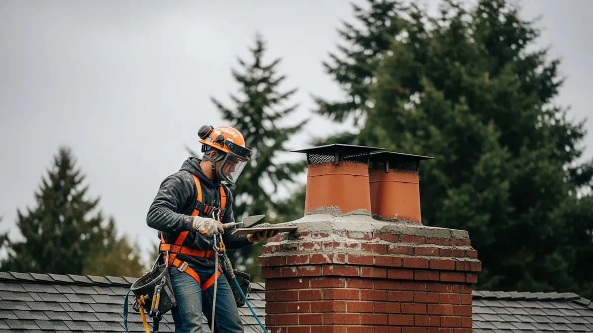 Masonry chimney repair technician tuckpointing brick mortar joints on a Seattle home with safety harness, overcast Pacific Northwest sky and evergreen trees in background