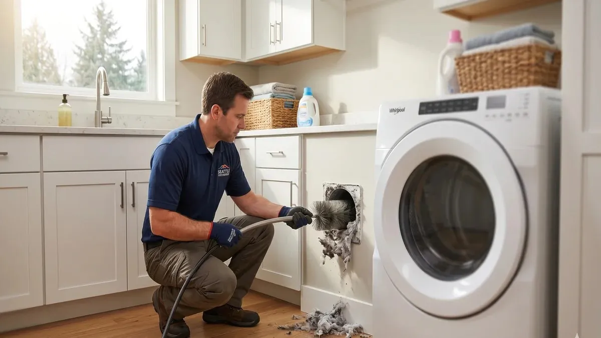 Professional technician cleaning a dryer vent duct with a rotary brush tool in a Seattle laundry room
