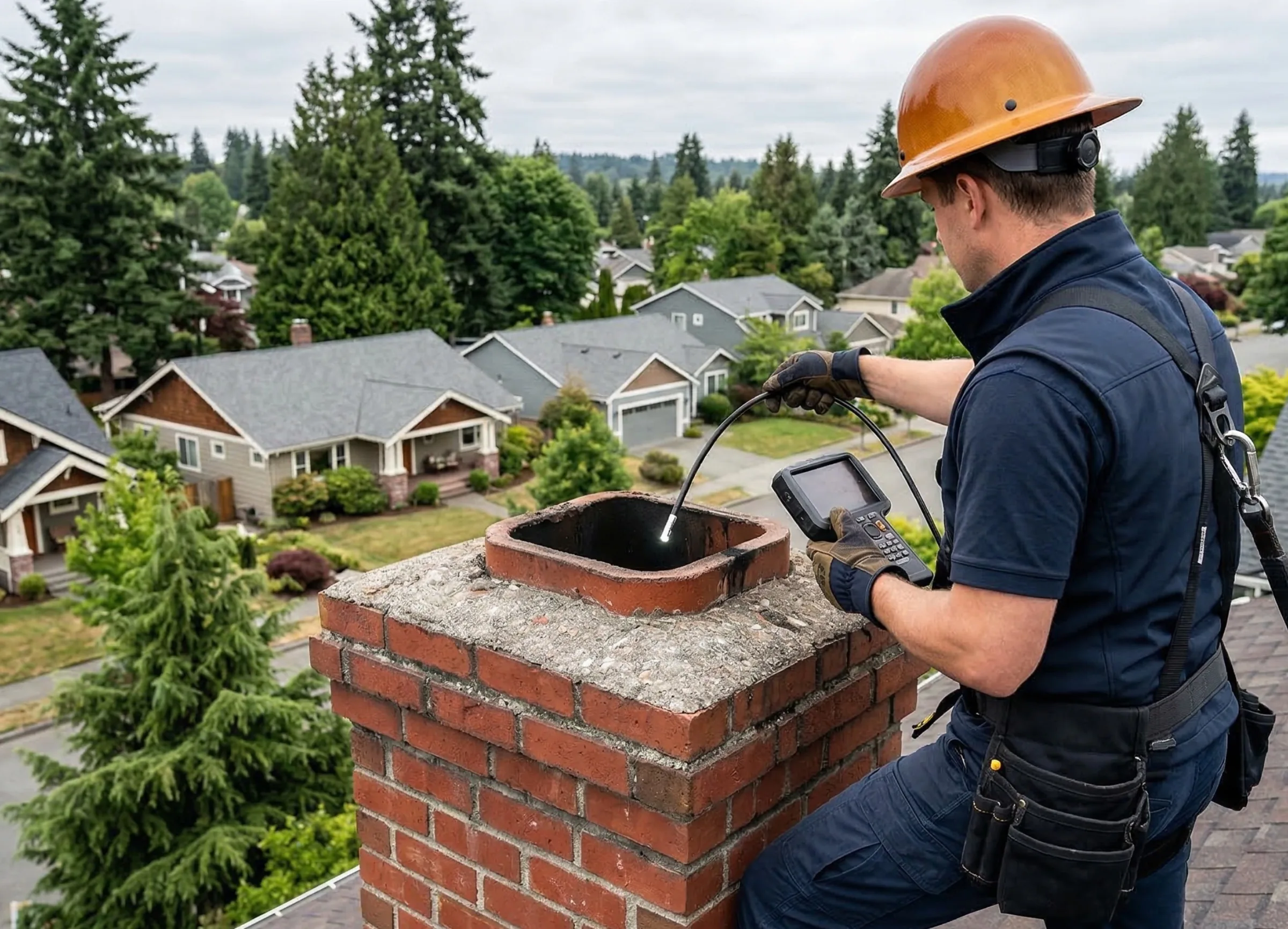 Fall chimney inspection on a Seattle home roof — preparing fireplace for winter 2026