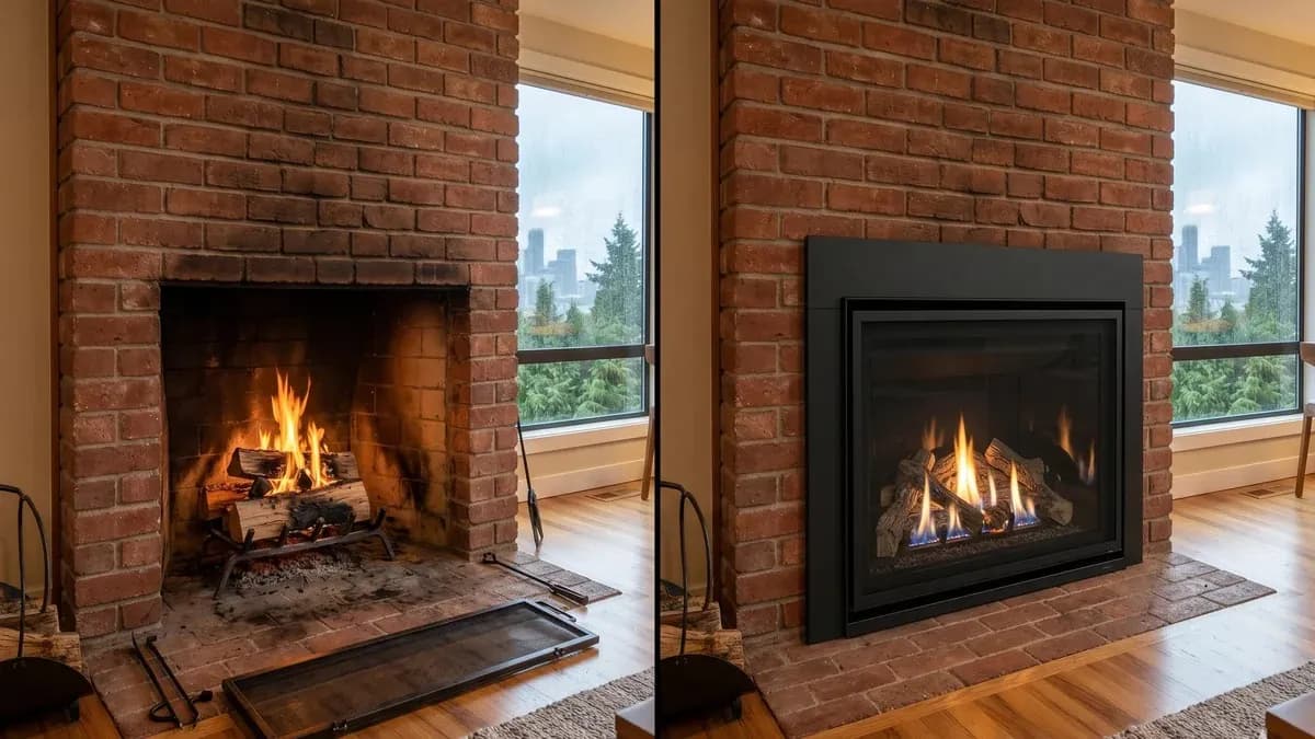 Modern gas fireplace insert with realistic flames installed in a traditional brick firebox in a Seattle craftsman living room