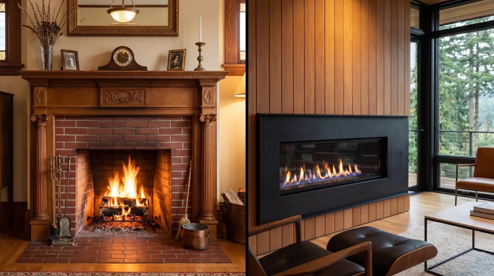 Side-by-side comparison of a classic brick fireplace and a modern gas fireplace insert in a Seattle home