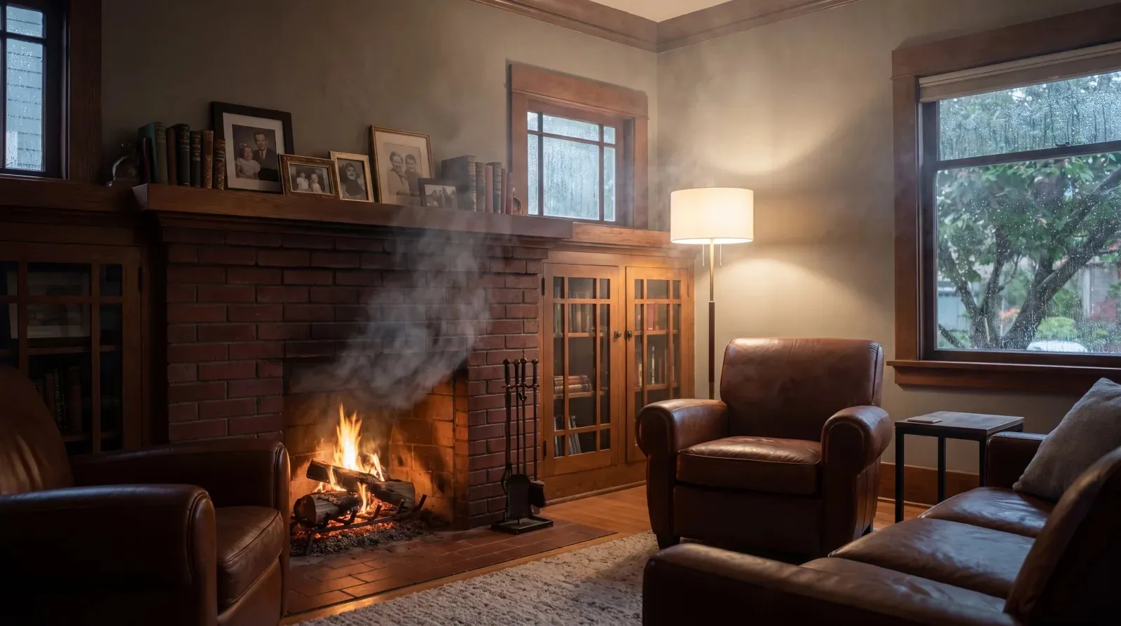Smoke drifting back into a Seattle living room from a fireplace with poor chimney draft