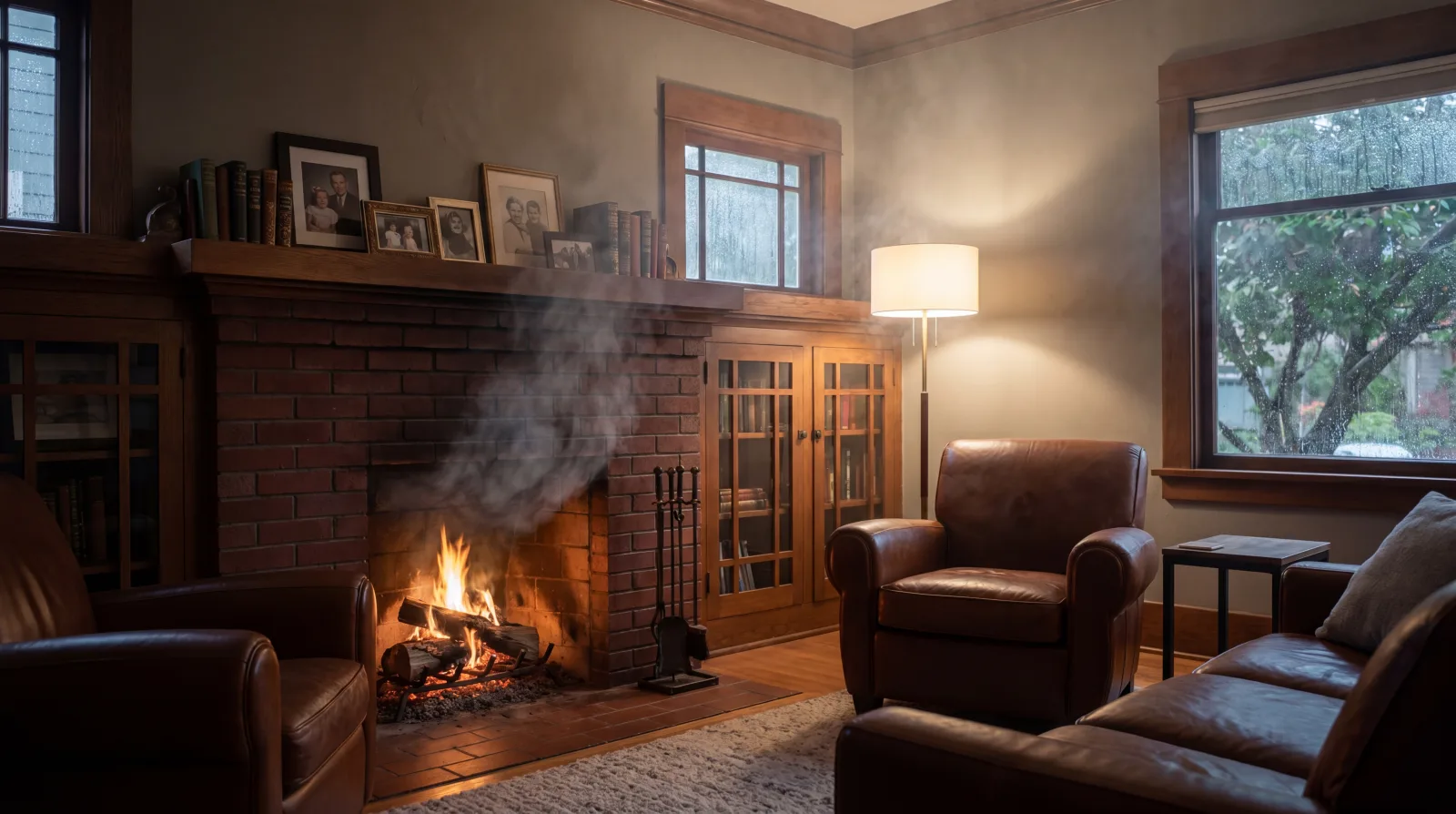 Smoke drifting back into a Seattle living room from a fireplace with poor draft