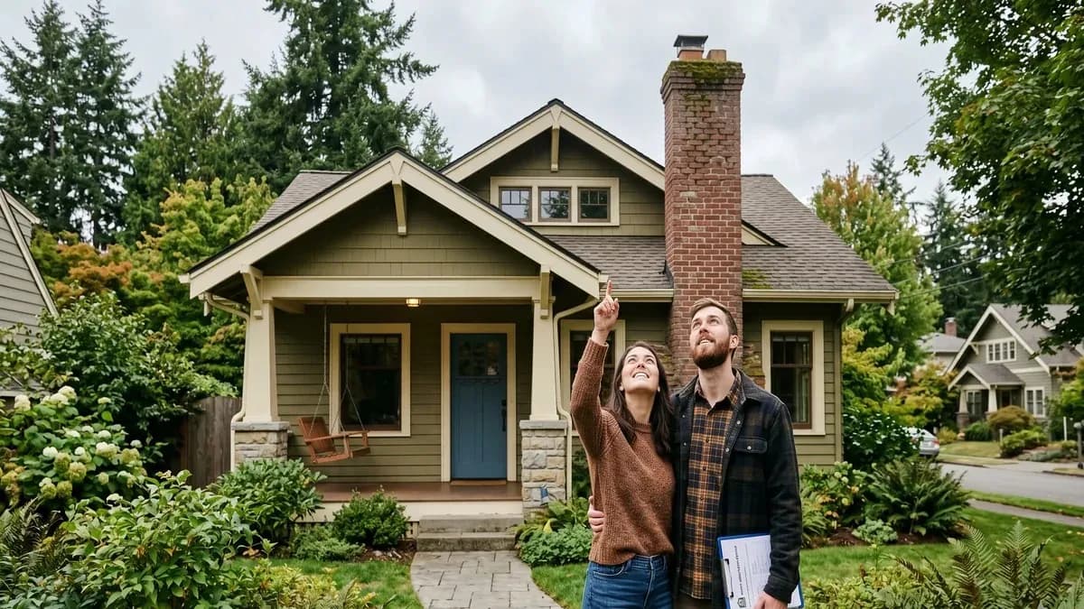 Young couple standing in front of their new Seattle craftsman home with a masonry chimney, holding house keys