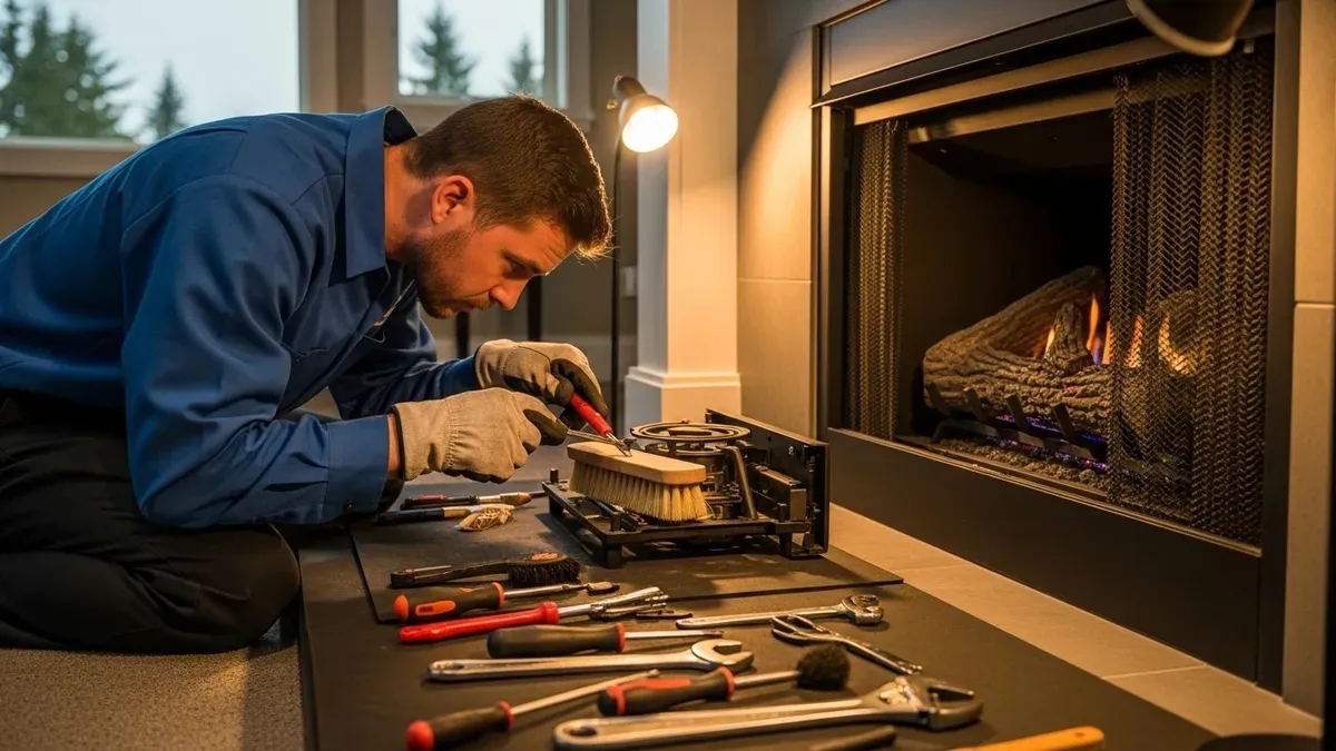 Gas fireplace technician cleaning burner components on a Seattle home gas fireplace insert, tools laid out on protective mat, overcast Pacific Northwest light through window