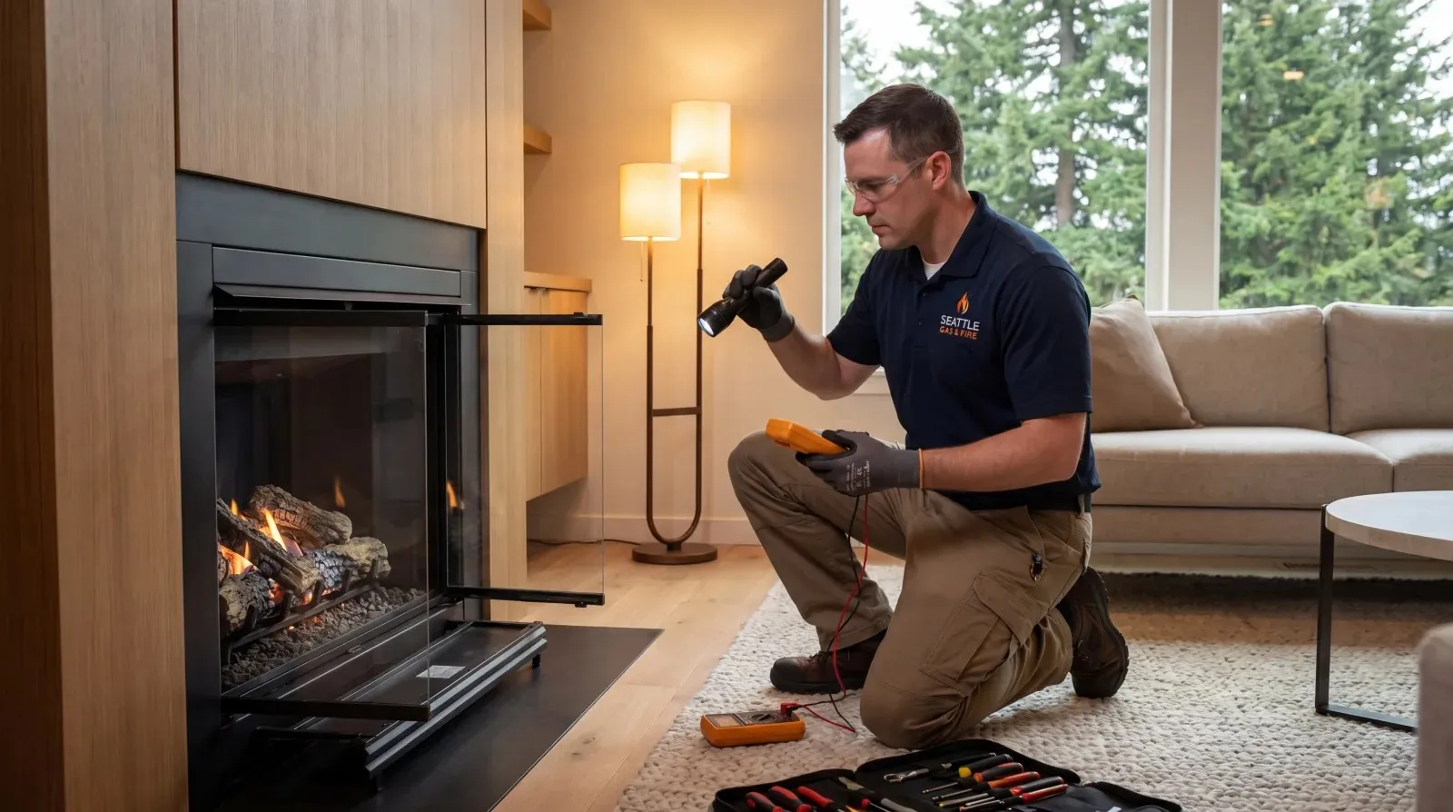 Professional gas fireplace technician inspecting a modern gas insert in a Seattle home