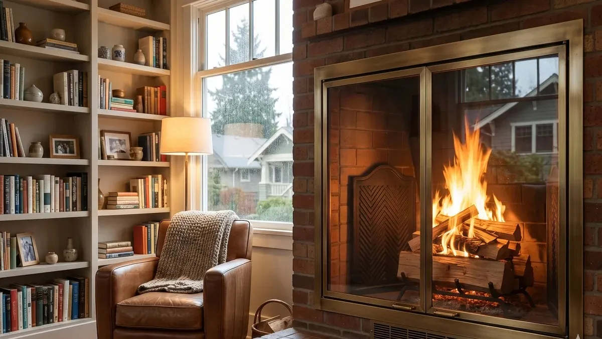 Efficient masonry fireplace with glass doors and blower system burning brightly in a Seattle craftsman living room