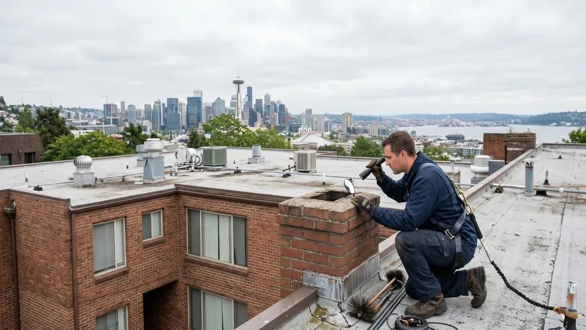 Professional chimney inspector examining a brick chimney on a Seattle rental property with inspection clipboard in hand